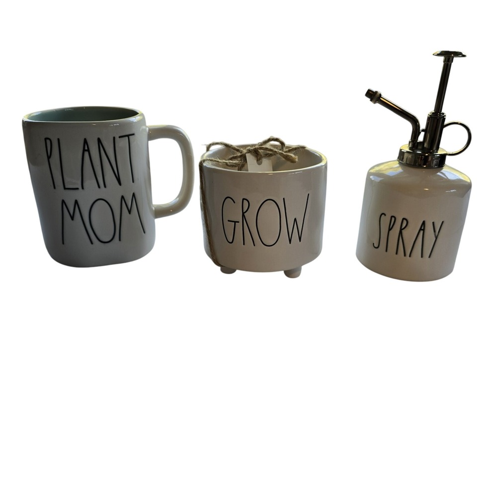 Rae Dunn - Plant Lover Set - White Ceramic‎ Mug, Planter, and Spray Bottle Set